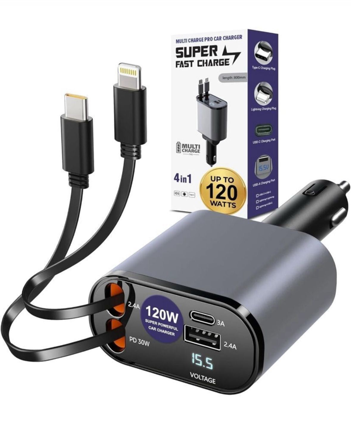SUPERONE Retractable Car Charger 4 in 1, Fast Car Phone Charger with Cord 2.6ft, USB C and Lightning Car Charger Adapter, Compatible with iPhone 15/15 Pro Max/14/13/12/11, Galaxy, Pixel