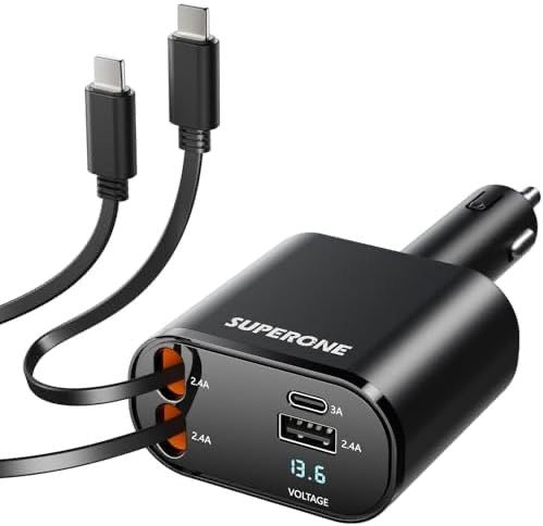 SUPERONE Retractable Car Charger 4 in 1, Fast Car Phone Charger with Cord 2.6ft, USB C and Lightning Car Charger Adapter, Compatible with iPhone 15/15 Pro Max/14/13/12/11, Galaxy, Pixel